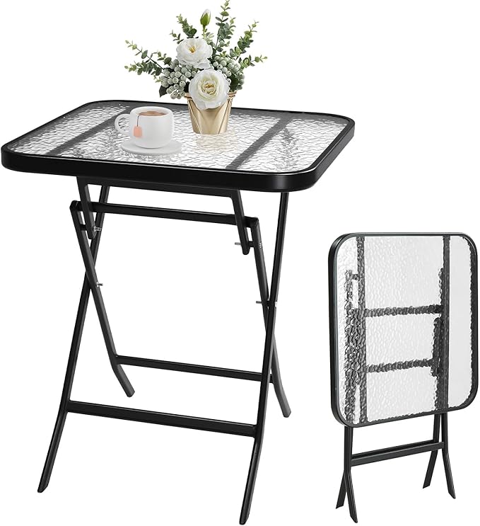 VINGLI Folding Glass Outdoor Side Table, 23.6 Inches Small Foldable Patio Bistro Table with Tempered Glass Table Top for Lawn & Garden, Balcony, Porch and Pool, Rectangular
