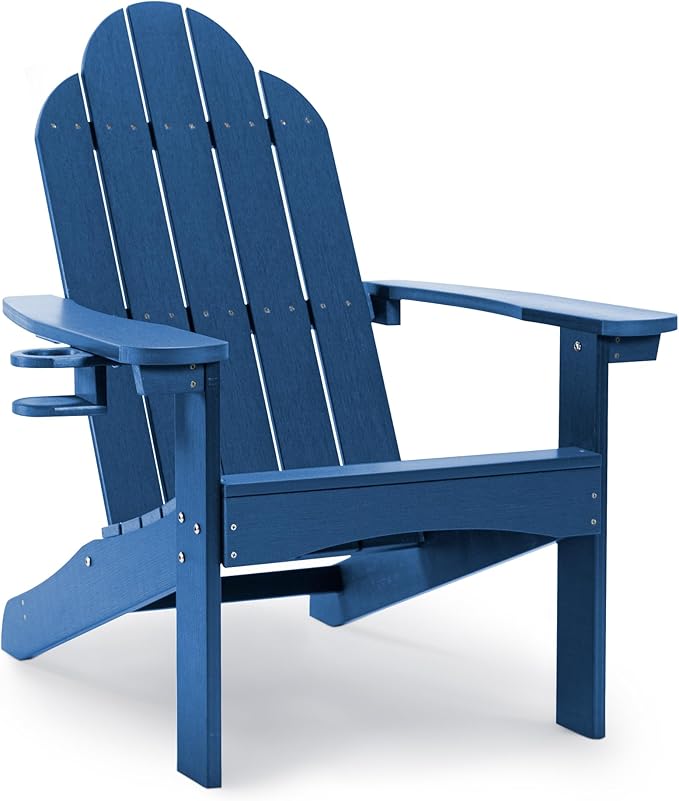 LUE BONA HDPS Adirondack Chairs Set of 8, Fire Pit Outdoor Chair Weather Resistant with Cup Holder, Modern Plastic Chair Plastic for Patio, Deck, Proch, 350LBS, Navy Blue