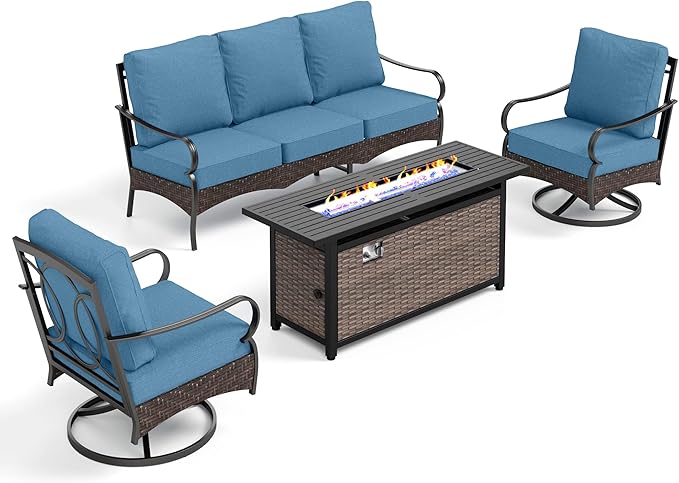 Patio Furniture Set with 56" Fire Pit Table, Premium Outdoor Wicker Metal Frame Furniture with Upgraded Waterproof Thick Cushions for Porch, Poolside, Deck, and Yard（4 Pieces,Navy