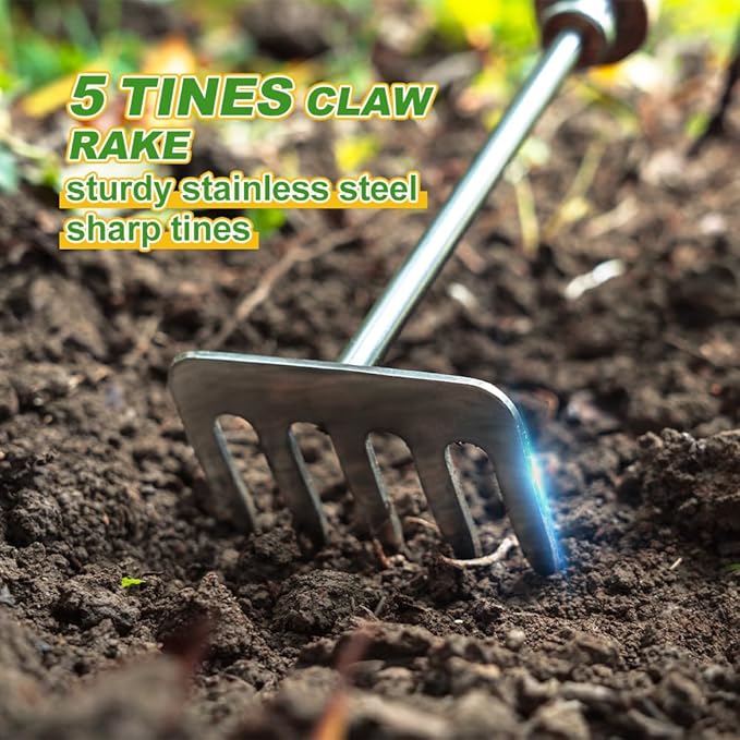 Berry&Bird Premium Hand Rake for Gardening, 5 Tines Hand Tiller Hand Cultivator Small Rake Garden Tool with Wood Handle, Ideal Garden Hand Tools for Digging, Aerating, Weeding and Loosening Soil