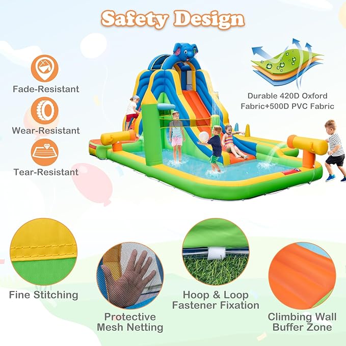 BOUNTECH Inflatable Water Slide, Elephant Surfing Slide Kids Water Park Jump Bouncy Castle w/2 Splash Pools, Hide & Seek Cave, GFCI Blower, Water Slides Inflatables for Big Kids Outdoor Backyard Gifts