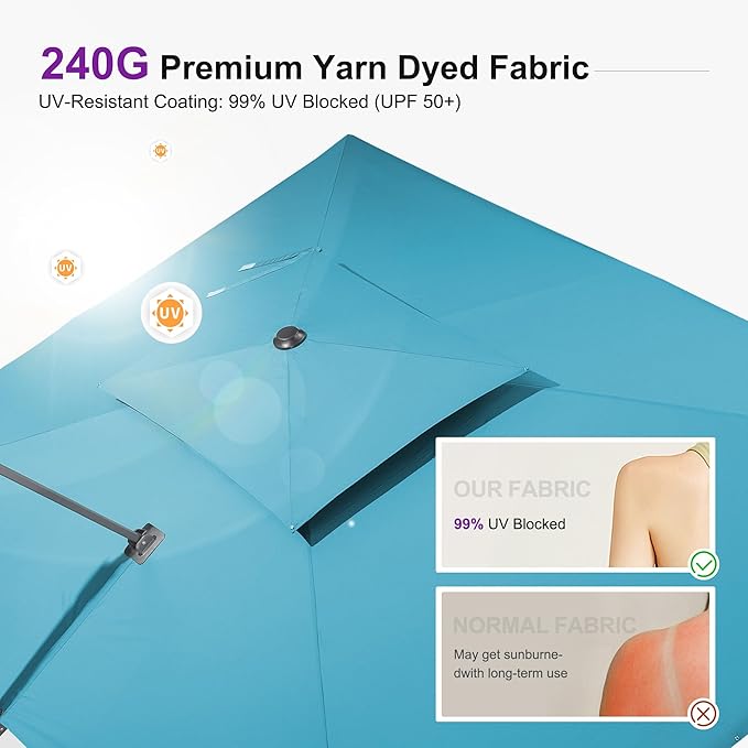 PURPLE LEAF 10FT Cantilever Outdoor Umbrellas Large Patio Umbrella Hanging Double Top Square Offset Umbrella with 360°Rotation Tilting Umbrella Outdoor Patio, Turquoise Blue
