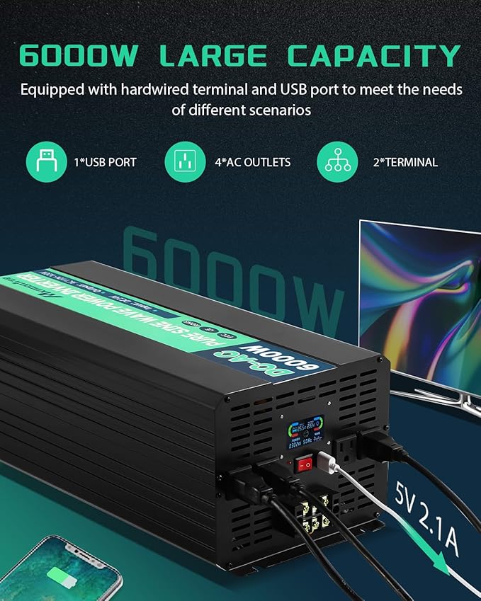 6000W 24V Pure Sine Wave Inverter 24V DC to 110V AC with Wireless Remote LCD Display 4 AC Outlets, 1 USB and Terminal Blocks for RV Truck Cabin Off Grid