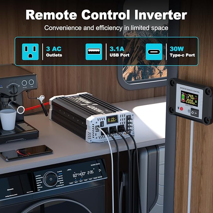 2000 watt Pure sine Wave Inverter, 24V DC to 110V AC Power Inverter, Used for Solar Emergency Power Supply in RV Homes, with 3 AC Output sockets, USB Port, Type-C Port, Remote Control with LCD Screen