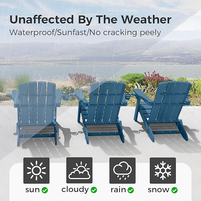 Folding Adirondack Chair Wood Texture 4 Pack, HDPE All-Weather Fire Pit Chairs, Plastic Adirondack Chairs with 2 Cup Holder, Outdoor Lawn Chair for Patio Garden (Navy Blue)