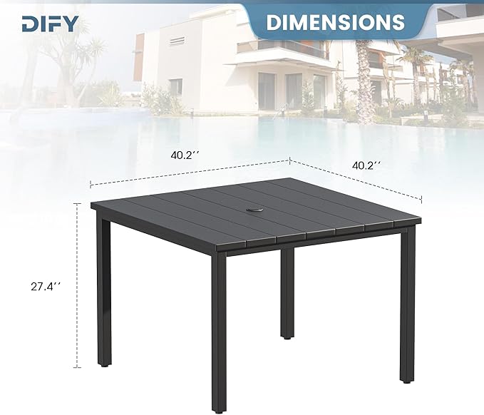 DIFY 40.2" Square Patio Dining Table for 4, Outdoor Metal Dining Table with 1.57" Umbrella Hole for Backyard Lawn Garden, Black