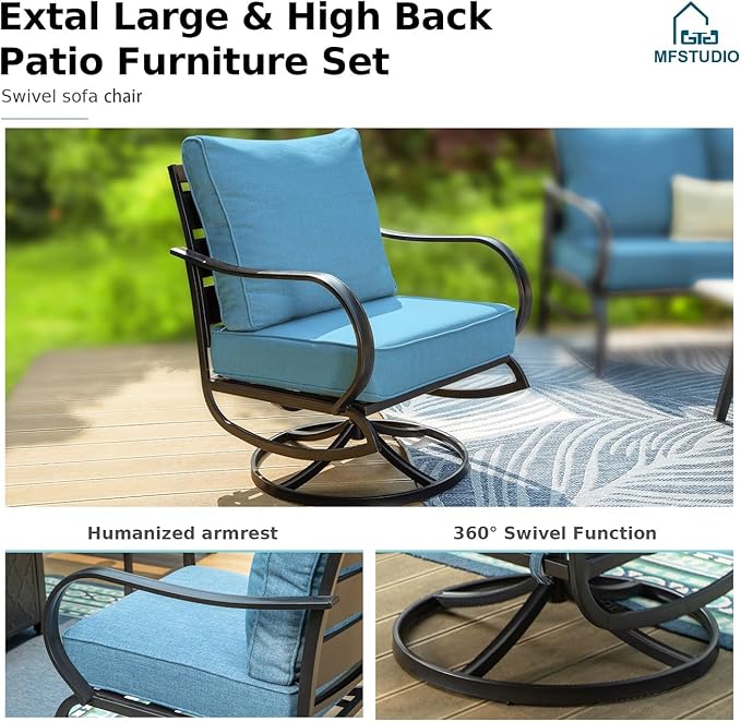 MFSTUDIO 4 Piece Patio Conversation Sets, All Weather Metal Frame Outdoor Furniture Set Patio Sofas with 1 x 45 Rectangular Fire Pit Table, 1 x 3-Seat Sofa, 2 x Swivel Chairs, Navy Cushion