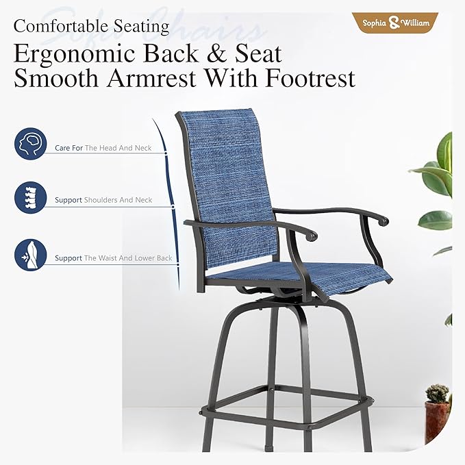 Sophia & William Patio Swivel Bar Stools Set of 2, Bar Height Patio Chairs, High Top Patio Chairs, Supports 300 lbs (Blue Fabric)