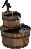 Aoxun 2-Tier Outdoor Water Fountain, Wood Barrel Cascading with Electric Decorative Hand Pump, Rustic Waterfall Fountain for Garden, Backyard, Patio, Porch, Yard