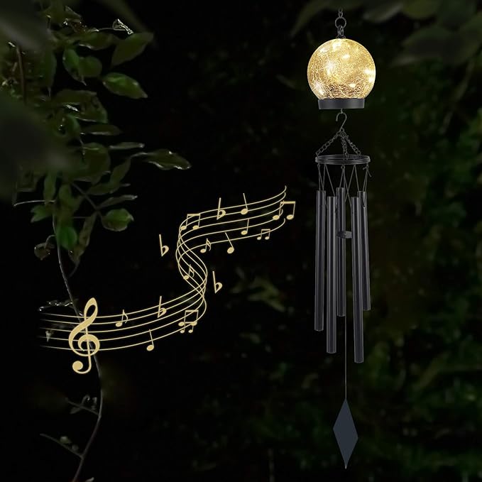 Wind Chimes Outdoor Solar Lights, 42 Inch Large Sympathy Chime 15 LED Twinkle Warm White Crackled Glass Sphere Ball Hanging Lantern Birthday Gifts for Decorative in Garden, Yard, Patio, Landscape