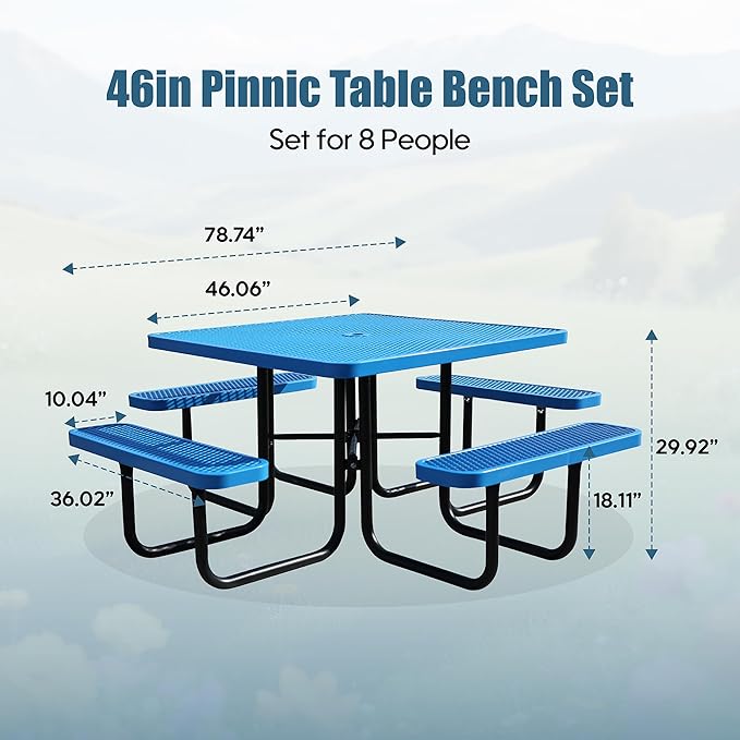 8-Person Picnic Tables for Outdoors, Industrial 46" Expanded Metal Square Picnic Table with 4 Benches & Umbrella Hole, Outside Table and Bench Set for Garden, Backyard, Porch, Patio, Blue