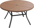 VICLLAX Outdoor Patio Round Dining Table, 54"x 54" Spliced Metal Tabletop for Deck Lawn Garden Backyard, Walnut