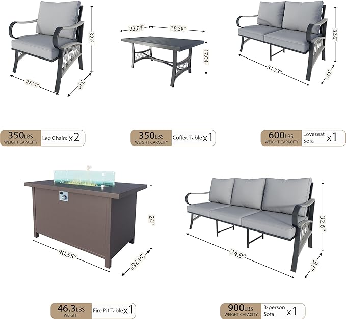 6 Pieces Patio Conversation Sets, All Weather Metal Outdoor Furniture Set, 3-Seater, 2 Single Chairs, 1 Loveseat, 1 Coffee Table, 1 Fire Pit Table for Backyard Garden Deck Porch Poolside, Gray
