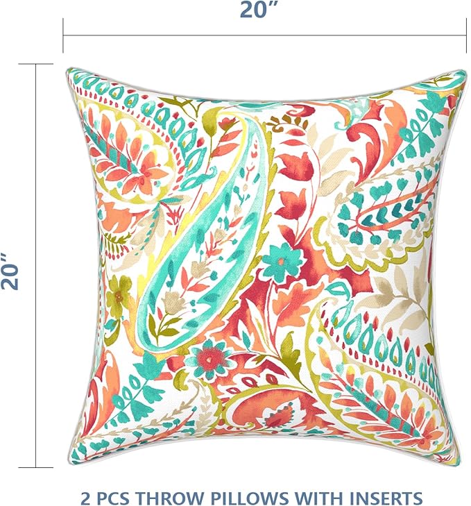 LVTXIII Set of 2 Patio Throw Pillows Waterproof 20"x20" Fade Resistant Outdoor Throw Pillows with Inserts, Fluffy Decorative Garden Toss Pillow Cushions for Home Patio Coach Sofa Use, Pretty Paisley