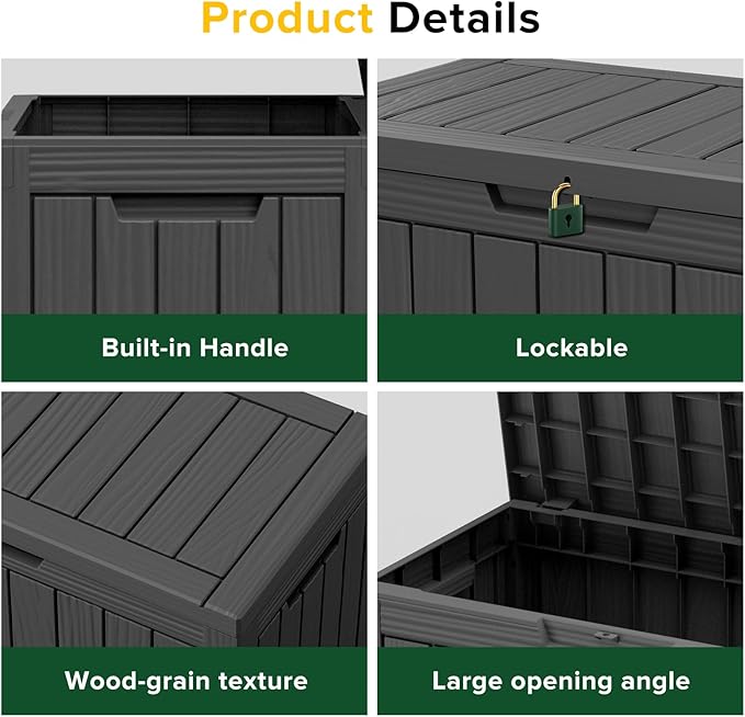 EasyUp 45 Gallon Outdoor Storage Box Waterproof, UV Resistant Deck Box Outdoor, Lockable Resin Deck Boxes for Garden Tools Equipment and Cushions, Black