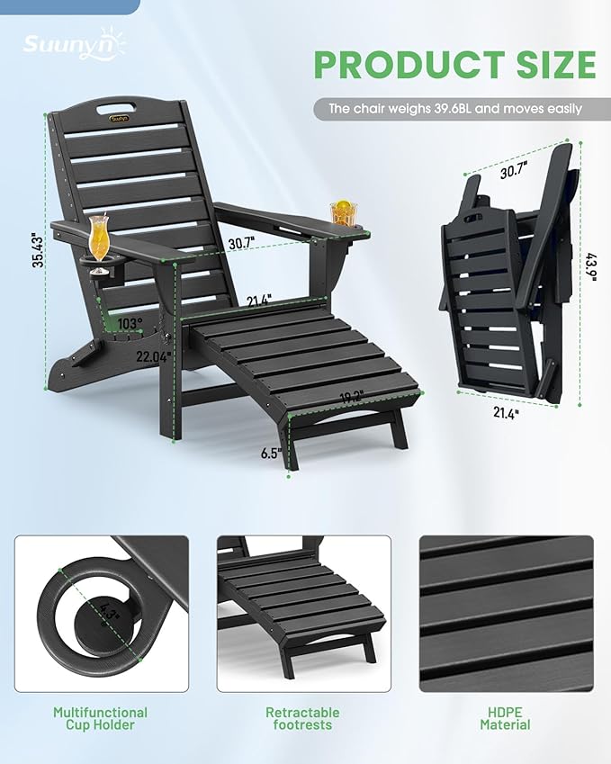 Folding Adirondack Chairs Set of 2,Adirondack Chair with Retractable Ottoman,Plastic Adirondack Chairs with 2 Cup Holder,Weather Resistant Patio Chair,Outdoor Chairs Set of 2(Black)