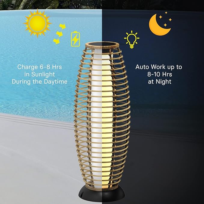 Solar Yard Outdoor Floor Lamp Patio Lights Solar Powered Lantern Weather-Resistant Wicker Deck Lights, Lamp Large for Garden (Austin Natural Brown)