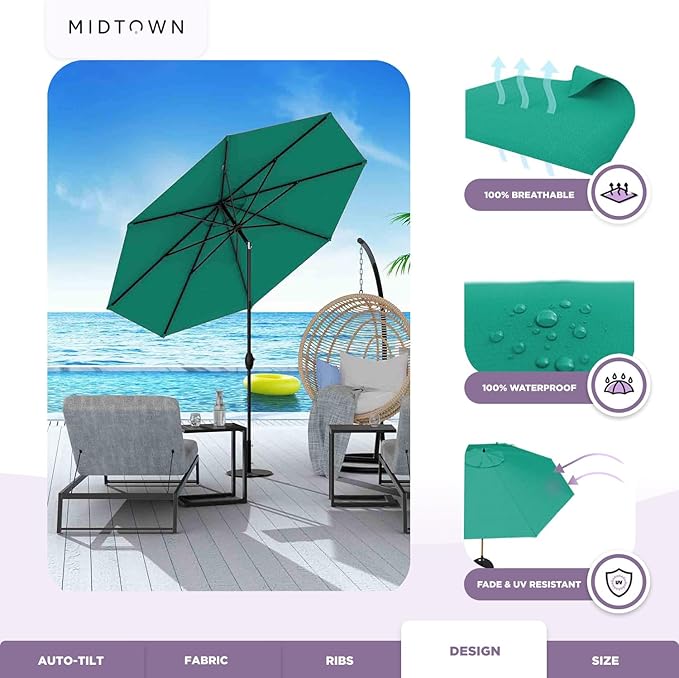 Midtown Umbrellas Sunbrella Umbrella 9 Feet Outdoor Umbrella With Canvas Teal Acrylic Fabric - Auto-Tilt Aluminum Frame Patio Umbrella For Backyard, Deck, Garden, Pool - Black Pole