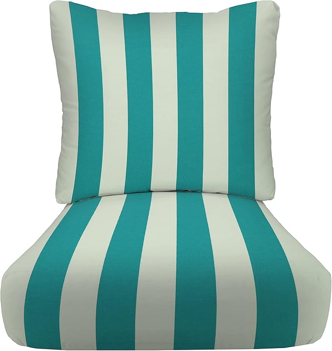 RSH DECOR: Deep Seating Cushion with Pillow Back | 23” x 26” Seat | All-Weather Spun Fabric | Water and Fade-Resistant | Outdoor Chair Cushion Set for Patio Furniture | Cancun & White Stripe