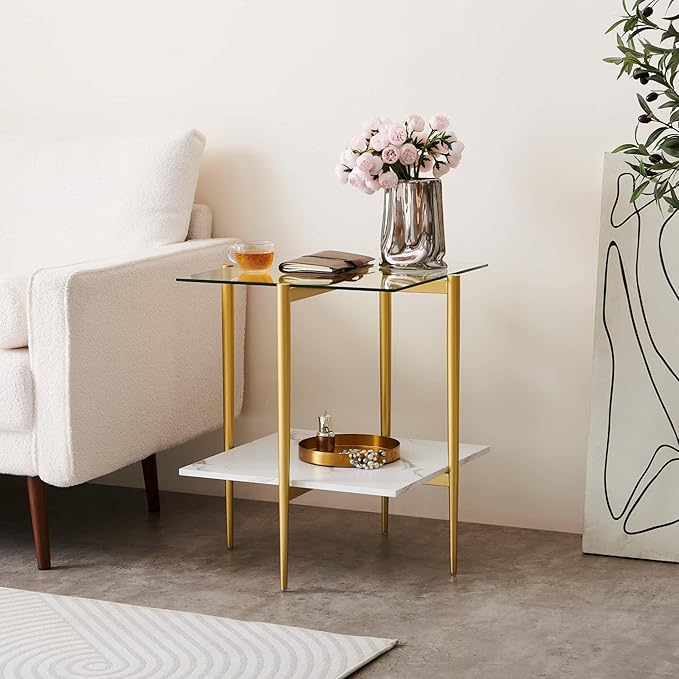 Square Glass End Table, Mid-Century Modern Design Sofa Table, for Living Room, L18 x W18 x H23, Clear Glass Top and White Marble MDF Shelf, Sleek Conical Metal Legs with Gold Finish