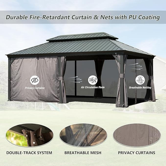 Domi 12' X 18' Hardtop Gazebo Outdoor Metal Gazebo with Galvanized Steel Double Roof Canopy, Aluminum Frame, Curtains and Netting for Patio, Deck, Garden, Grey