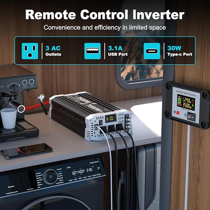3500 watt Pure sine Wave Inverter, 24V DC to 110V AC Power Inverter, Used for Solar Emergency Power Supply in RV Homes, with 3 AC Output sockets, USB Port, Type-C Port, Remote Control with LCD Screen