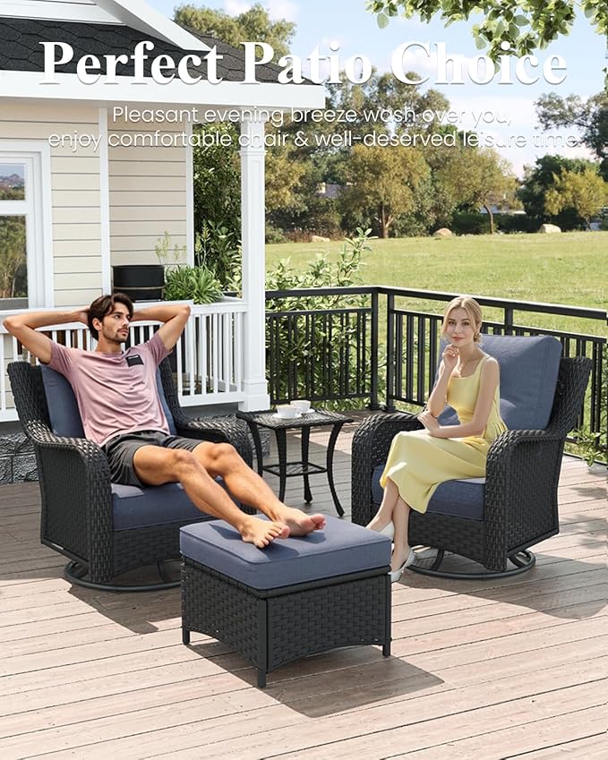 LayinSun 10 Piece Wicker Outdoor Furniture Set with 6-inch Comfy Cushions, High Back Patio Furniture Set with Swivel Rocking Chairs and Fire Pit Table