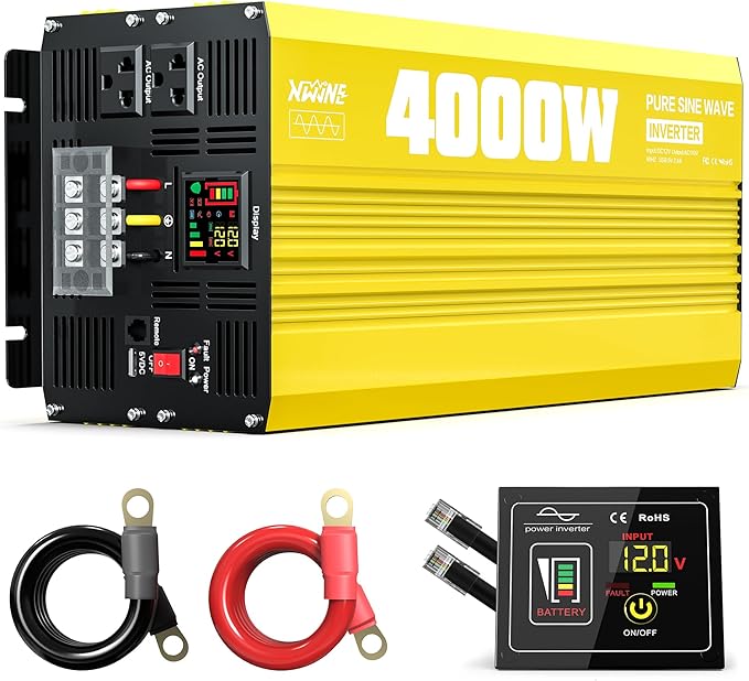 XWJNE 4000W Pure Sine Wave Power Inverter 12V DC to 120V AC Converter with LED Display and Remote Controller for Home, RV, Truck, Off-Grid Solar Power