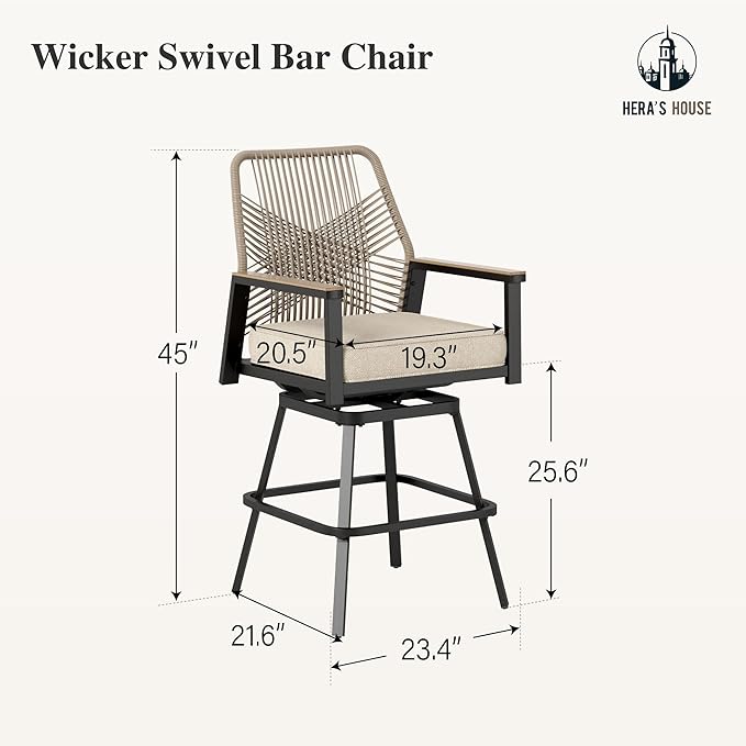 HERA'S HOUSE Outdoor Swivel Bar Stools Set of 4, High Top Patio Chairs with All Weather Cushion Pro Fabric, Bistro Set for Backyard, Lawn Garden, Balcony,Poolside