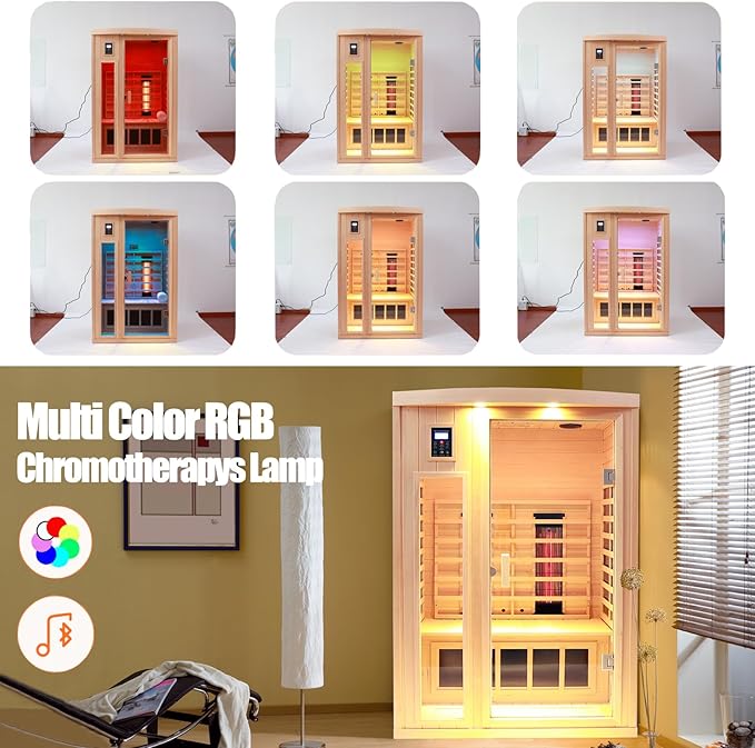Ceramic Infrared Sauna, 2 Person Infrared Saunas for Home, Hemlock Wood Sauna Room, 2 in 1 Indoor Sauna with Low EMF Heaters + Ceramic Heating Cubes-Chromotherapy-Bluetooth Speaker