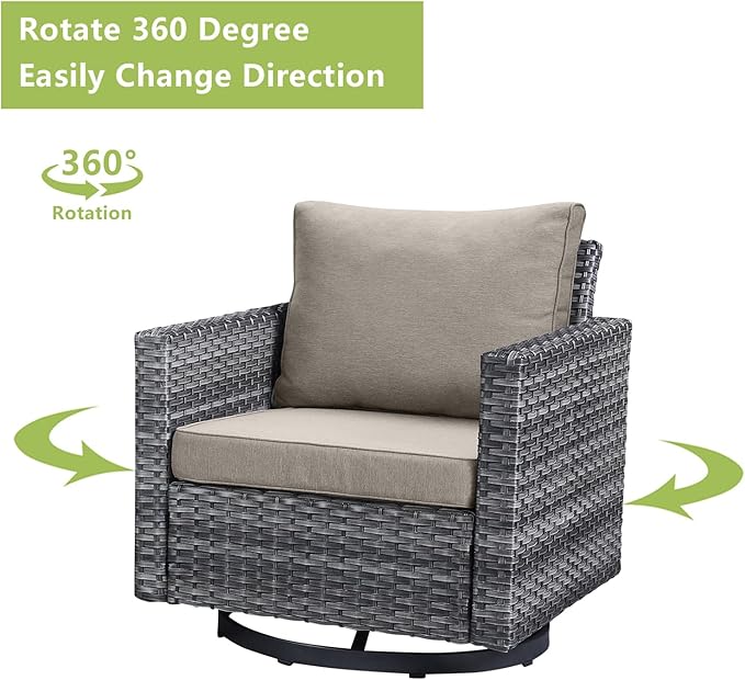 Wicker Outdoor Patio Furniture Set - 6 Piece Patio Conversation Set with 2 Swivel Rocker Chairs,2 Rattan Ottoman,1 Couch and 1 Metal Side Table for Outside Porch Deck Backyard(Mixed Grey/Grey)