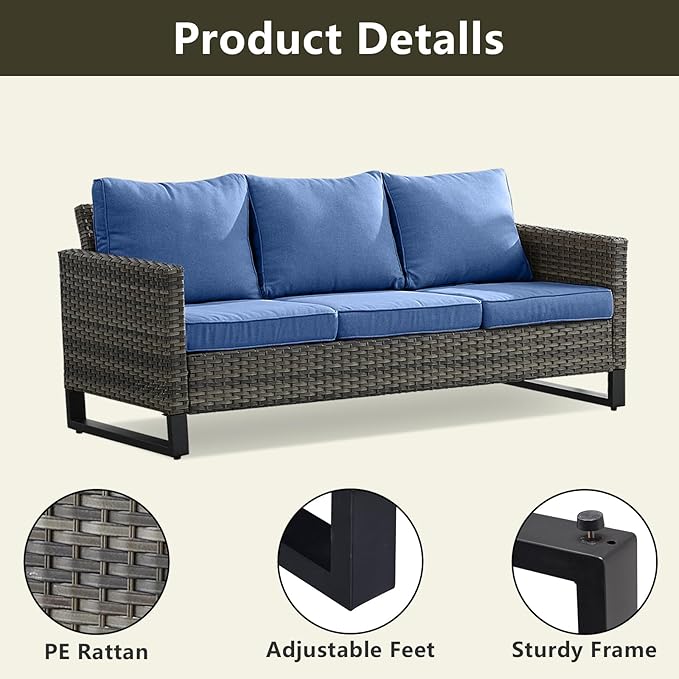 Rilyson Wicker Outdoor Patio Furniture Set - 6 Piece Patio Conversation Set with 2 Armrest Chairs,2 Rattan Ottoman,1 Couch and 1 Metal Side Table for Outside Porch Deck Backyard(Mixed Grey/Blue)