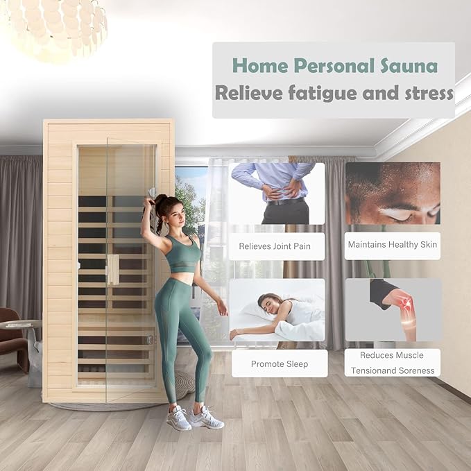 1 Person Infrared Sauna, Low EMF Infrared Saunas for Home, Hemlock Wooden Far Infrared Sauna Indoor, 1,200watt, Home Sauna Spa, with Bluetooth Speakers, LED Light, Smart Display