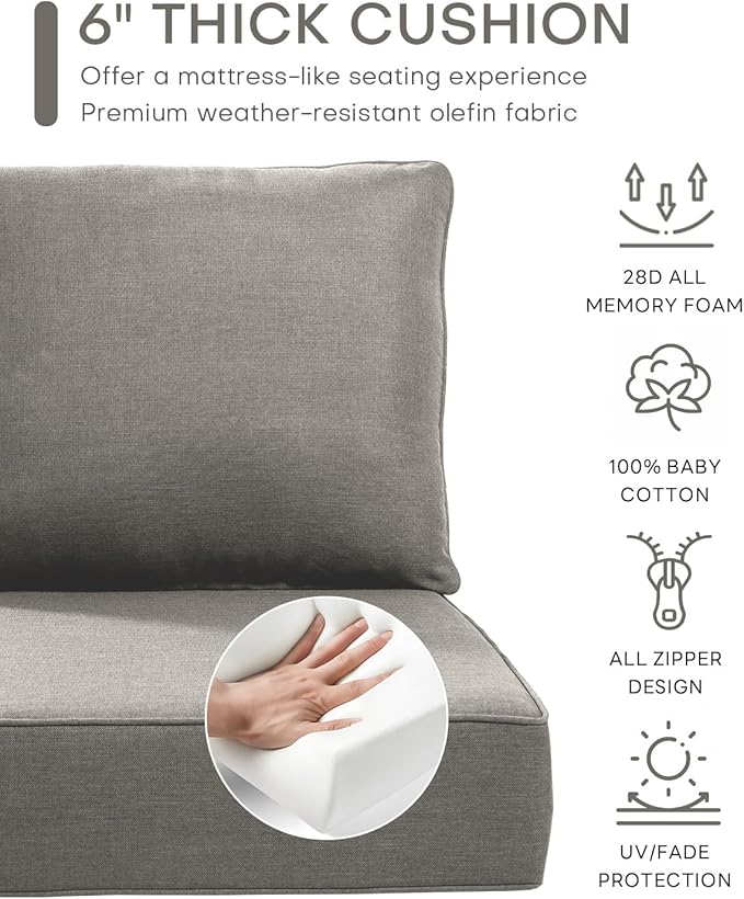 Luxury 22x24/22x25 6-Inch Outdoor Cushions - Water Resistant 1 Set Patio Replacement Seat Cushion for Rattan Mental Wicker Dining Rocking Swivel Chairs Loveseat Couch Sectional Sofa - Grey