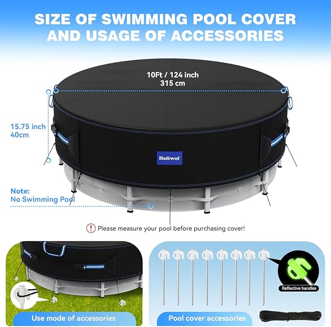 10 Ft Round Pool Cover with Reflective Strips, 420D Swimming Pool Cover for Above Ground Pools, Solar Cover with Drawstring and Ground Nails for Dustproof, UV Protected