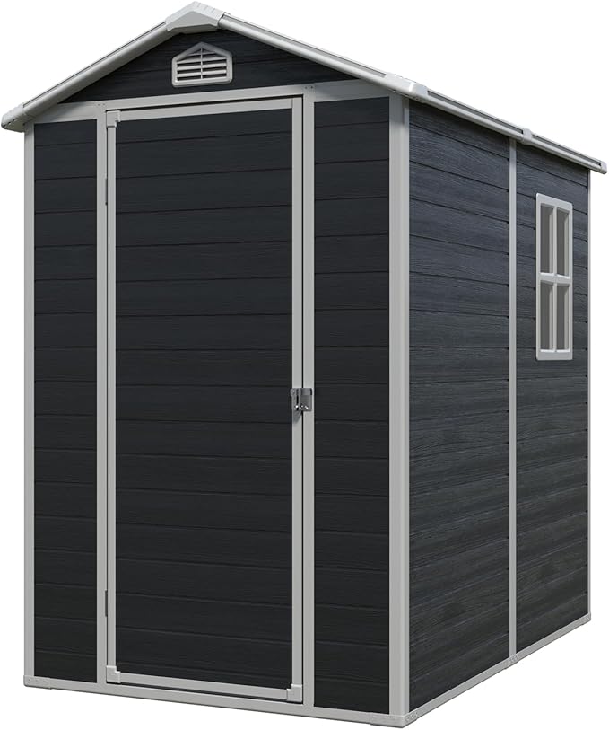 4x6ft Outdoor Storage Shed, Resin Patio Furniture Storage with Lockable Door, All-Weather，Garden Shed Kit with Reinforced Floor & Natural Light Window，UV Protection (Black, 4x6ft)