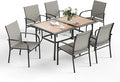 7 Pcs Patio Dining Set for 6, Rectangular Metal Dining Table (PVC Table Top) with Umbrella Hole and 6 Chairs, Outdoor Dining Set for Lawn Garden Deck, Brown