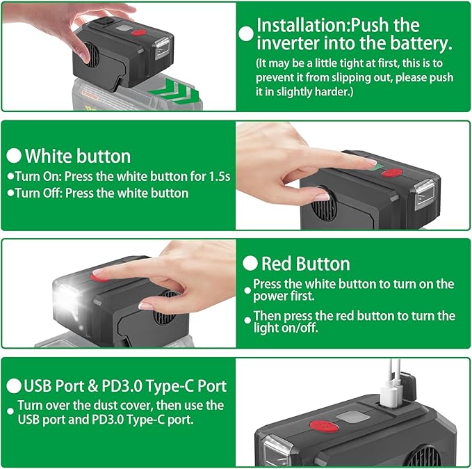 Power Inverter for Ryobi 40V Battery,200W Power Supply Inverter DC 40V to AC 110V, with Type C PD3.0 Output Port & USB Port & LED Lighting