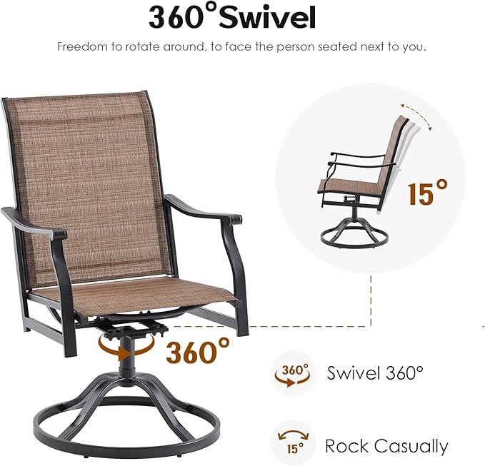 Patio Swivel Chairs Set of 6, Outdoor Dining Chairs with Textilene, Swivel & Rocker Metal Outdoor Patio Dining Chair All-Weather for Backyard, Brown Fabric with Black Frame