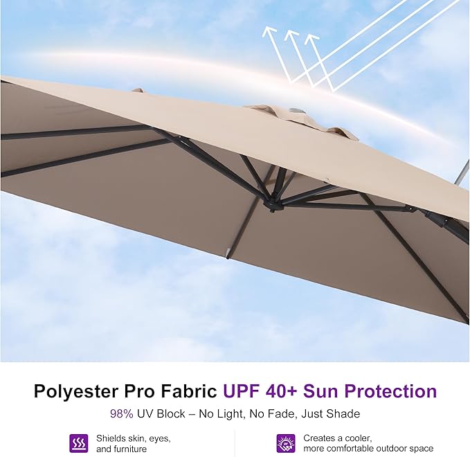 PURPLE LEAF 8' X 10' Swivel Outdoor Patio Aluminum Umbrella with Base Left-right Tilting Cantilever Offset Umbrella with UV Resistant Heavy Duty Fabric for Deck Pool Patio Backyard, Sand Dune