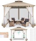 COBIZI Gazebo 10x10 Heavy Duty Gazebos with Improved Nettings Outdoor Gazebo Canopy Double Roof Patio Gazebos with Metal Steel Frame for Patio, Deck, Backyard (Khaki)