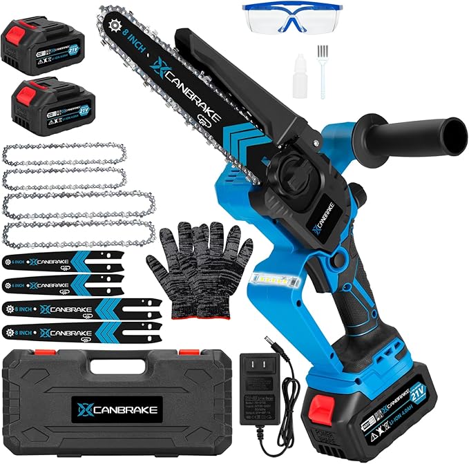Cordless Mini Chainsaw, 8 inch & 6 inch Portable Handheld Chain Saw with 2 X 4.0Ah Battery, 4 Chains 4 Guide Plates, LED Indicate, Brushless Electric Chainsaw Using for Tree Trimming, Garden Pruning