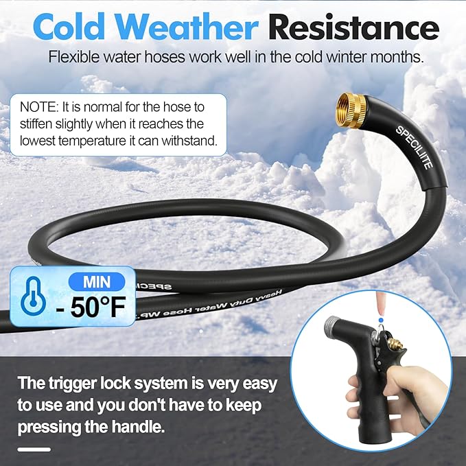 SPECILITE 3/4" Hot/Cold Garden Hose 200 ft with Industrial High Pressure Nozzle, Flexible & Lightweight, 600psi Burst Rubber Water hose -50℉-158℉ With 3/4" Brass Fittings for Yard, Black