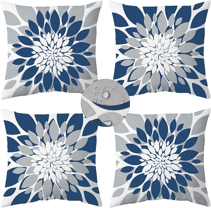Qahing Pack of 4 Outdoor Waterproof Pillow Covers 20x20 Decorative Outdoor Throw Pillows Garden Square Cases for Patio Furniture, Couch, Tent Sunbrella, Bench, Blue Grey