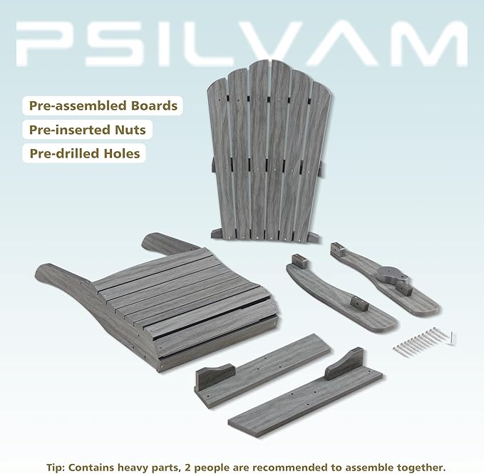 Psilvam Oversized Adirondack Chair, Fade-Resistant & Odor-Free Poly Lumber Fire Pit Chairs with Cup Holder, Weatherproof Outdoor Chair, Easy 15 Min Install Patio Chair, 350 Lbs Support (2, Gray)