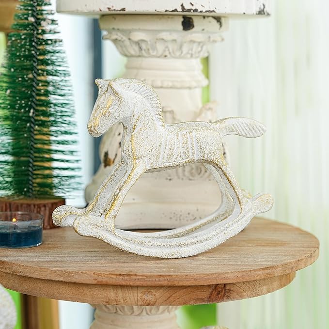 Sungmor Cast Iron Rocking Horse Statue, Home Office Desk Ornament, Vintage Collectible Figurine Decorative Paperweight, Rustic White Small Horse Nostalgia Christmas Decor