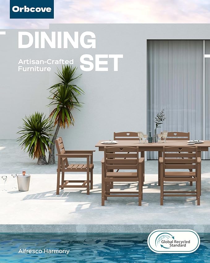 Patio Table and Chairs Set with Umbrella Hole, HDPE Patio Dining Set for 6, Outdoor Dining Set for Lawn, Patio, Porch, Deck, Poolside, Yard (Teak, 7-Piece)