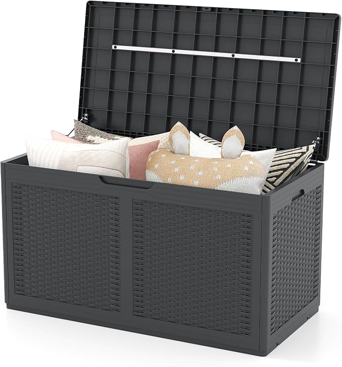 HAPPYGRILL 100 Gallon Resin Deck Box Outdoor Waterproof Storage with Lockable Lid, Rattan Texture Storage Container with Wheels for Pool Accessories, Garden Tool, Patio Furniture Cushion (Grey)