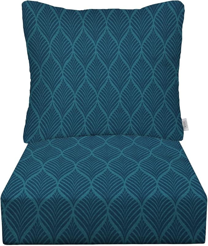 RSH DECOR Deep Seating Cushion with Pillow Back | 24” x 26” Seat | Water and Fade-Resistant Spun Fabric | Outdoor Chair Cushion Set for Patio Furniture | Fenbrook Blue