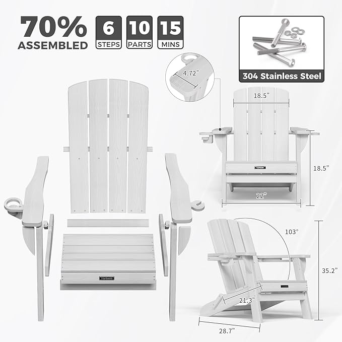 Folding Adirondack Chair Wood Texture 6 Pack, HDPE All-Weather Fire Pit Chairs, Plastic Adirondack Chairs with 2 Cup Holder, Outdoor Lawn Chair for Patio Garden (White)